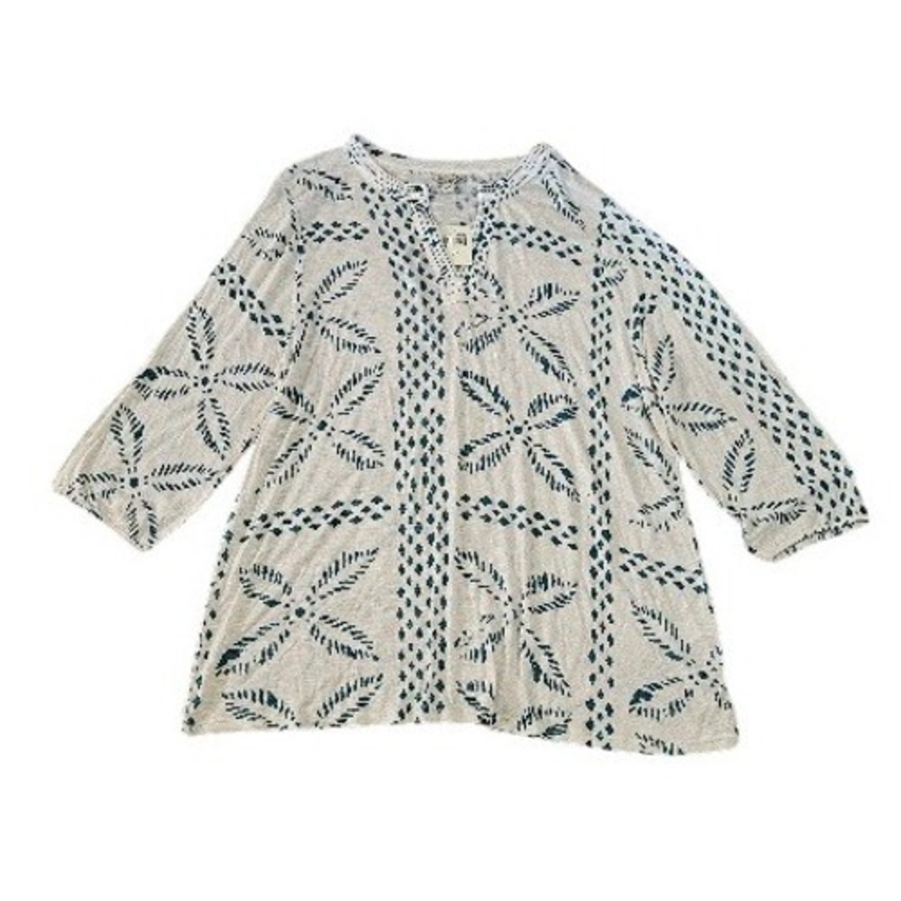 Lucky Brand Tunic Top Womens 2X Blue Cream Geometric Leaf Print Split Neck NWT